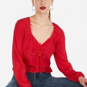 Express Red Long Sleeve Ruched Front Crop Blouse – Size Small
